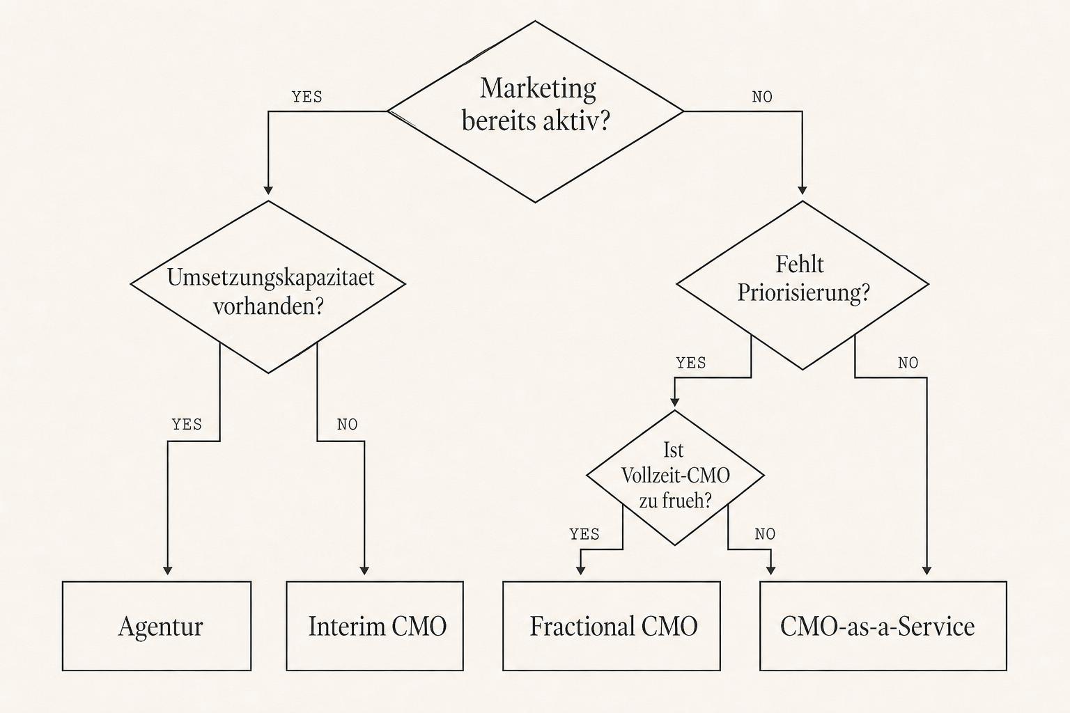 Entscheidungsbaum zur Frage, ob ein Unternehmen einen Fractional CMO, eine Agentur, einen Interim CMO oder CMO-as-a-Service braucht