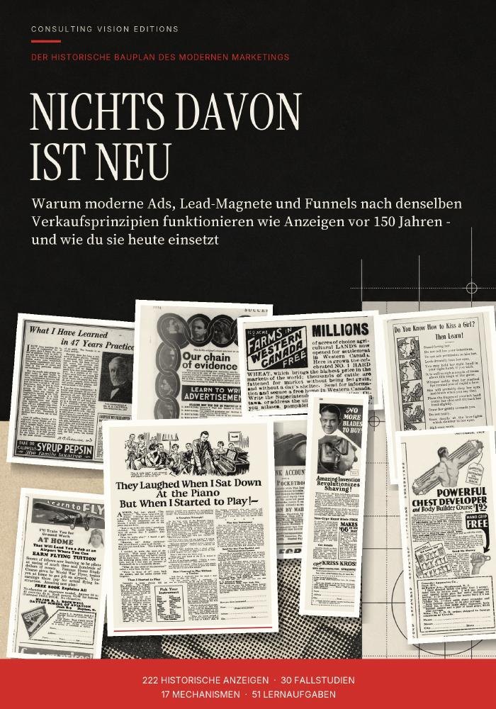 Cover des Praxisbuchs „Nichts davon ist neu“ mit historischen Direct-Response-Anzeigen