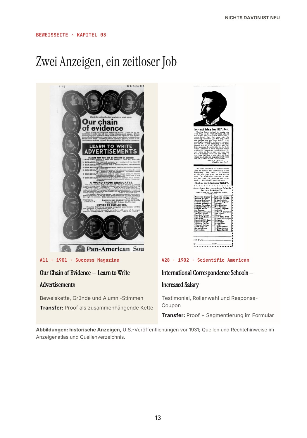 Originalseite aus dem Praxisbuch: Beweisseite – zwei historische Magazinanzeigen (1901/1902)