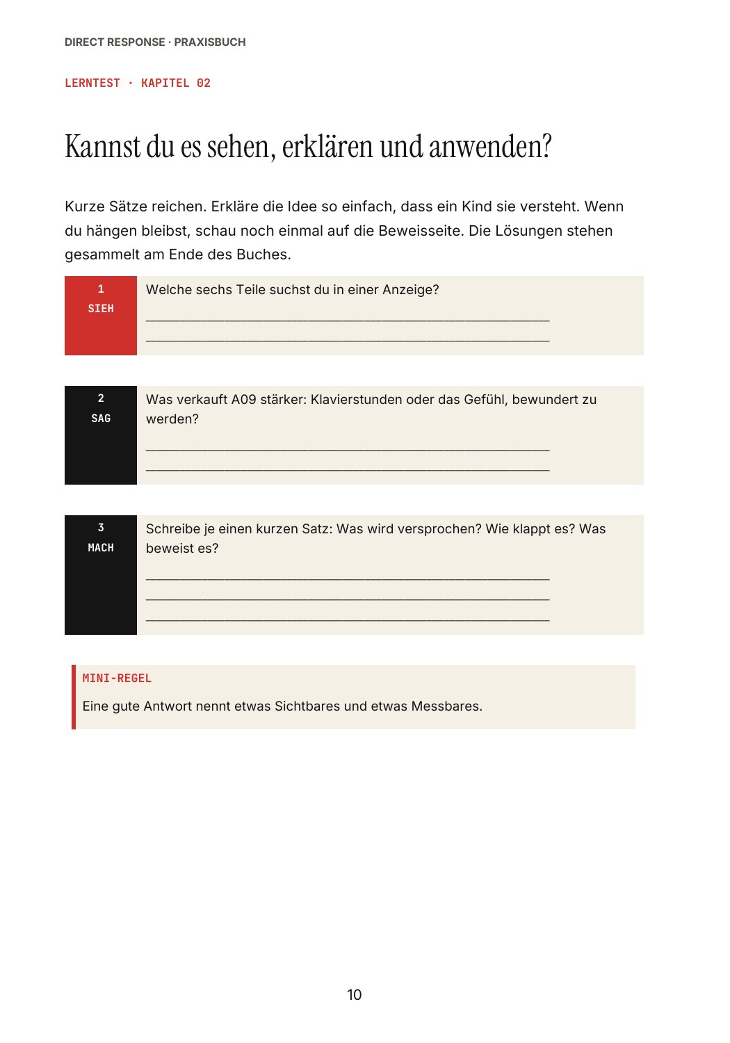 Originalseite aus dem Praxisbuch: Lerntest – Aufgaben zur Anzeigenanalyse